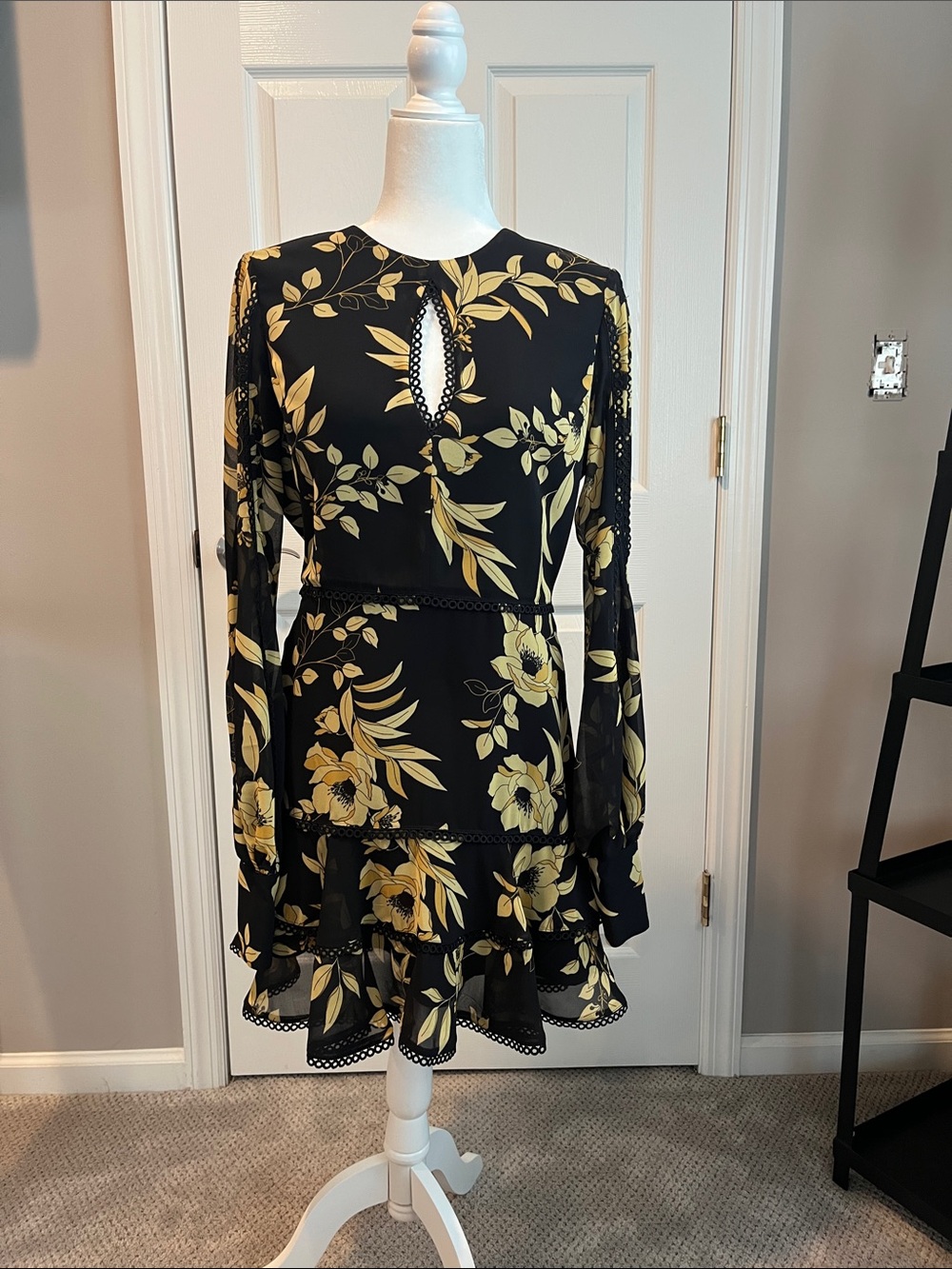 Bardot Black Dress with Yellow Floral Print, Long Sleeves